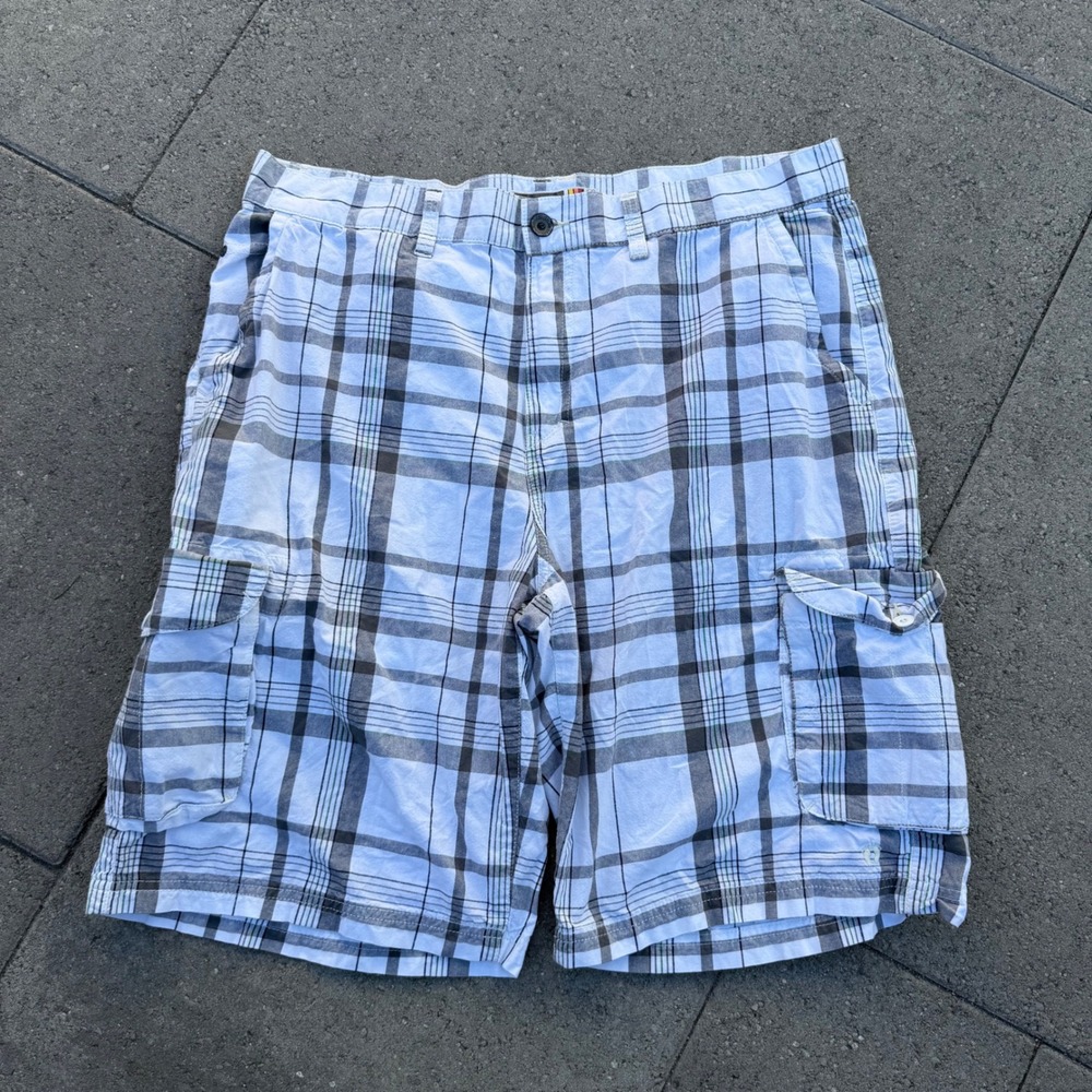Hang Ten Mens Plaid Cargo Shorts Size 38 White Grey Cotton Casual Summer Outdoor